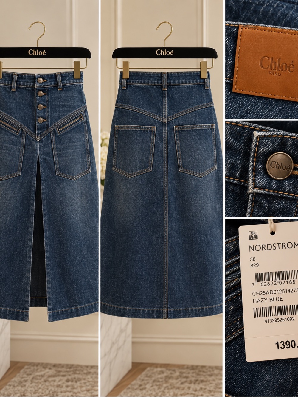 Chloé Hazy Blue Denim A-Line Midi Skirt